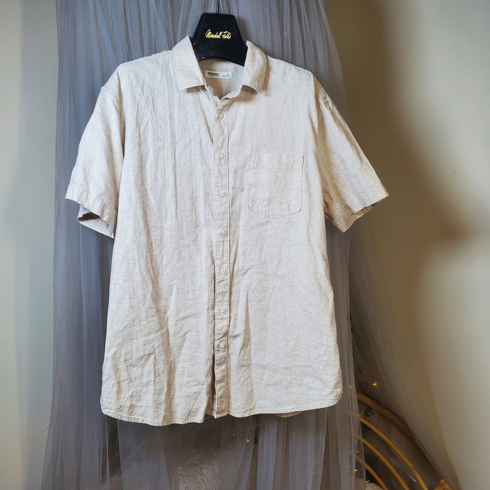 Linen Cotton Oatmeal Clean Guy Golf‎ Shirt Button Down Short Sleeve Size XL Vaca